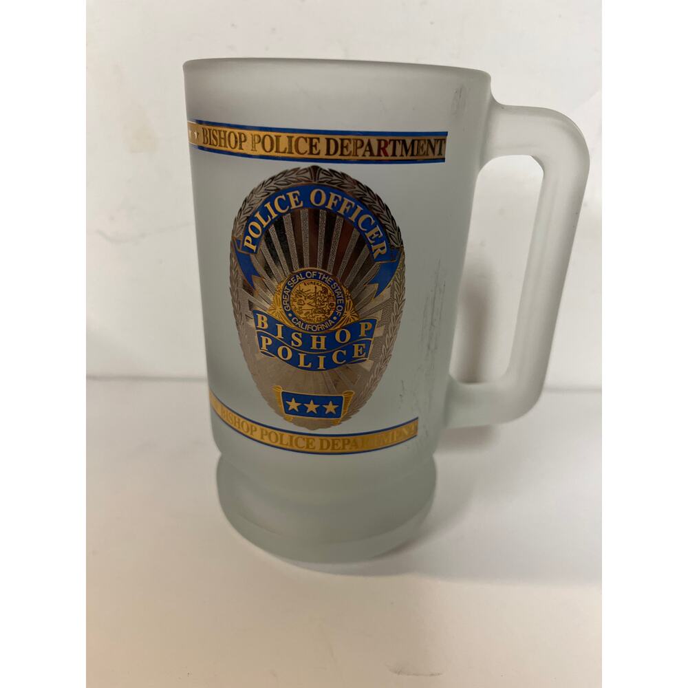 Bishop Police Department frosted mug/Stein with gold tone, seal, and trim